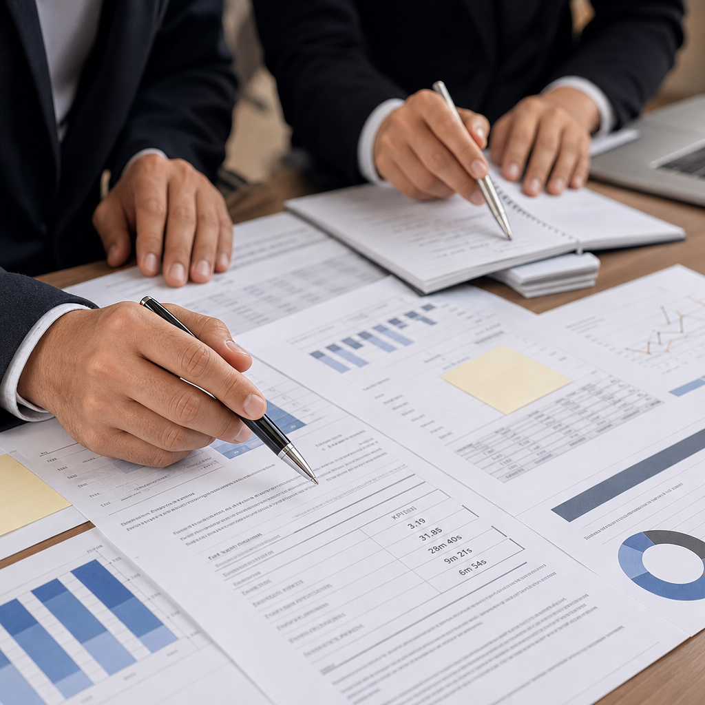 Close-up of executive hands reviewing printed workflow documents and charts