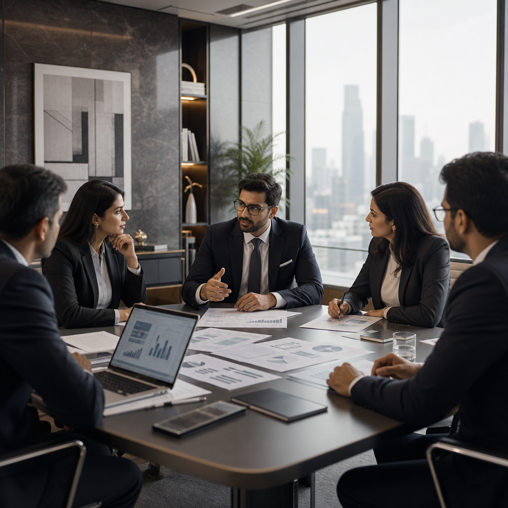 Business consulting and strategy planning meeting with executives reviewing growth charts and operational roadmap documents