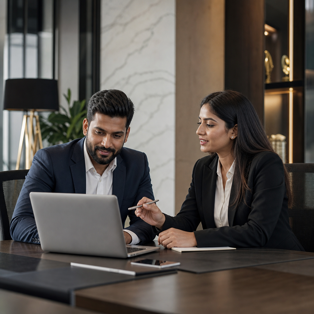 Professional IT hiring interview scene with a recruiter and software candidate discussing a role across a laptop in a modern office