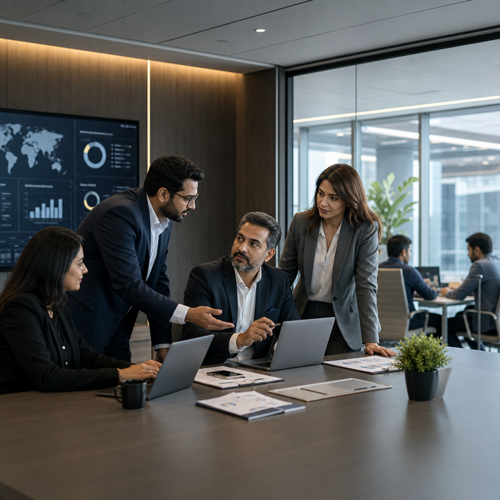 Managed outsourcing operations scene with a distributed team on a video wall coordinating project tasks and delivery timelines