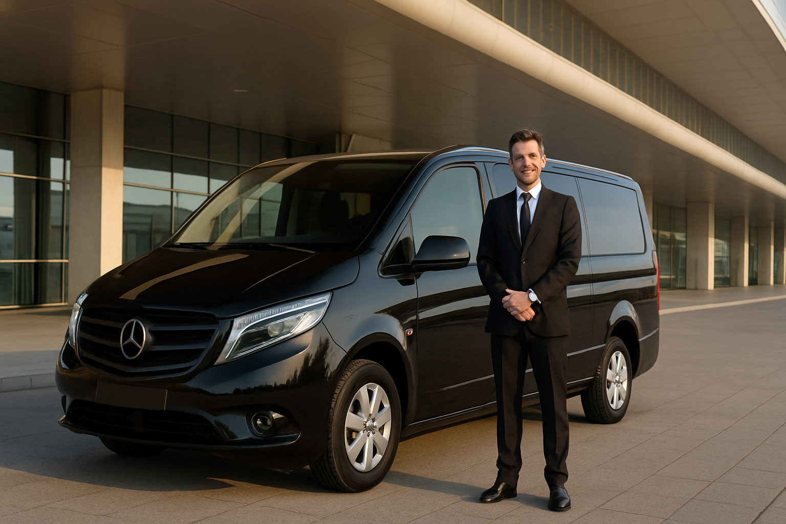 Executive shuttle van with a professional driver standing beside it at a modern airport terminal, warm daylight and clean corporate setting