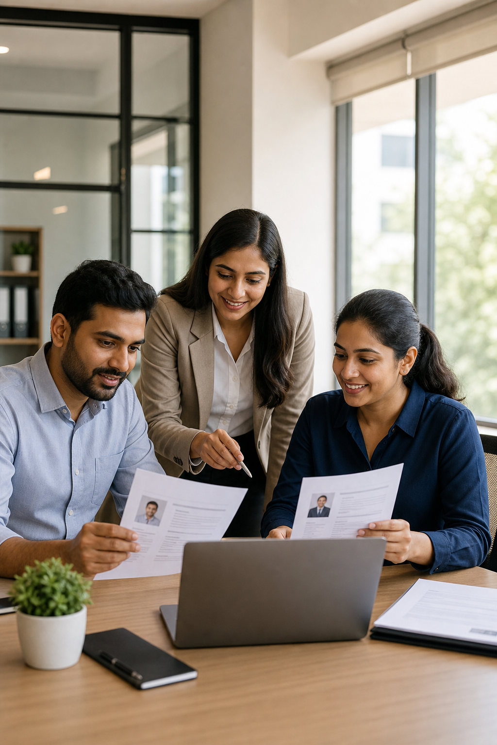 Professional recruitment consultants reviewing candidate profiles together in a modern office setting