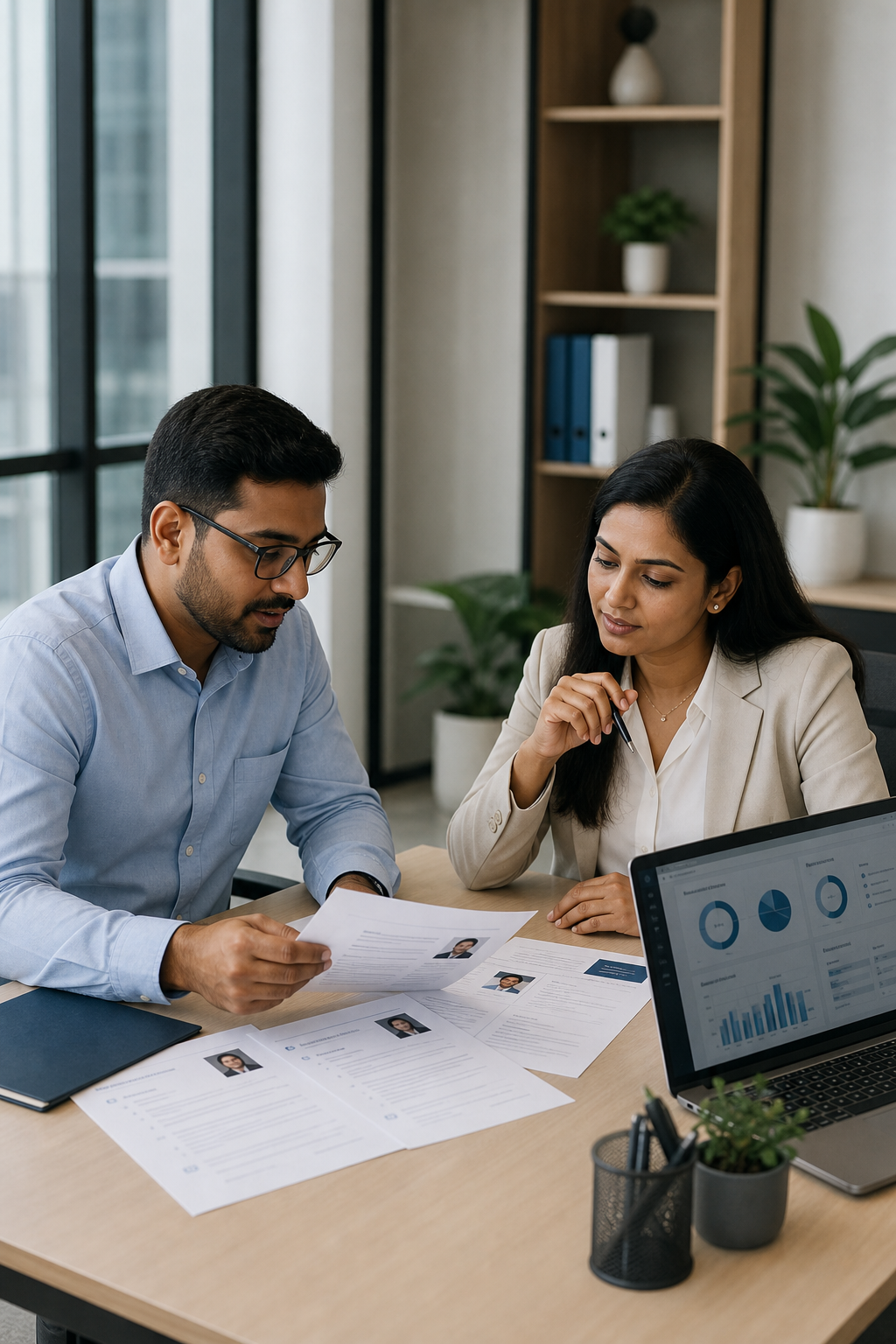 Hiring manager and recruiter reviewing candidate profiles in a modern office meeting space