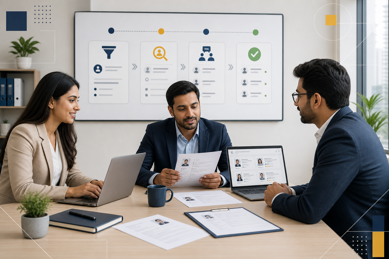 Professional hiring consultation scene in a modern office, recruiters reviewing candidate profiles and workflow steps on laptops with clean geometric interface accents
