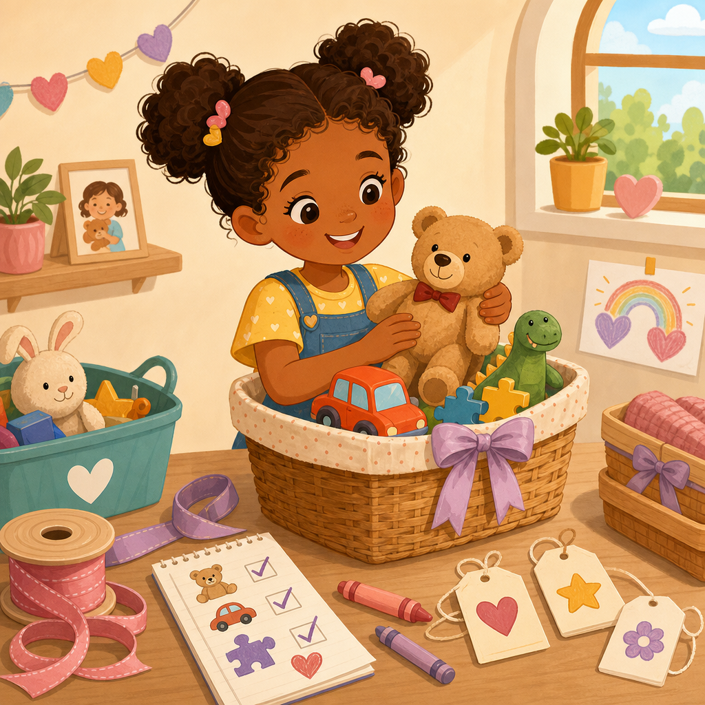 Young girl joyfully organizing and inspecting a basket of preloved toys with gift ribbons, tags, and a handwritten checklist nearby