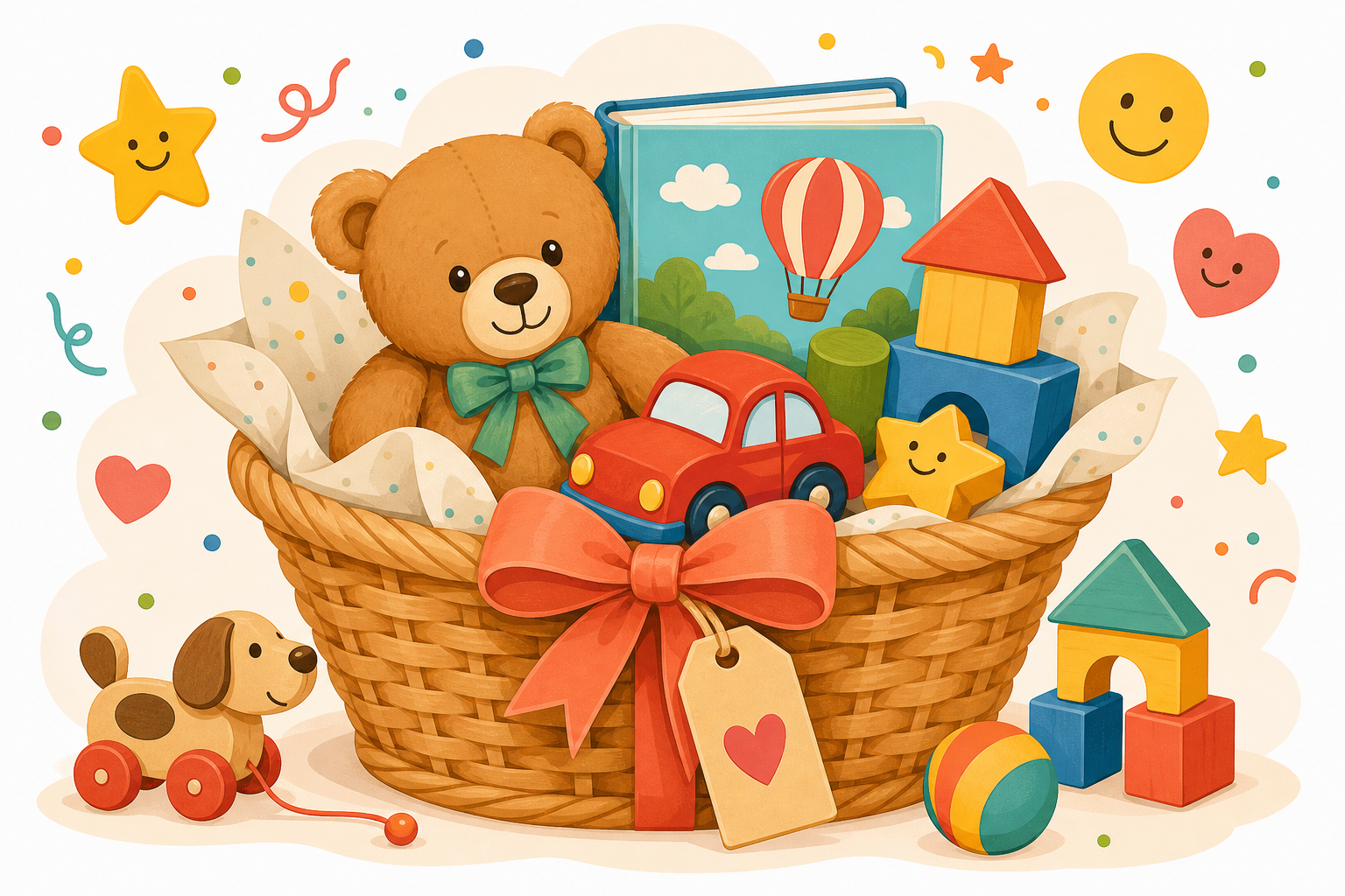 Cheerful gift basket filled with lovingly prepared preloved toys, with playful stars, smile motifs, tags, and toy-like accents in a flat vector style