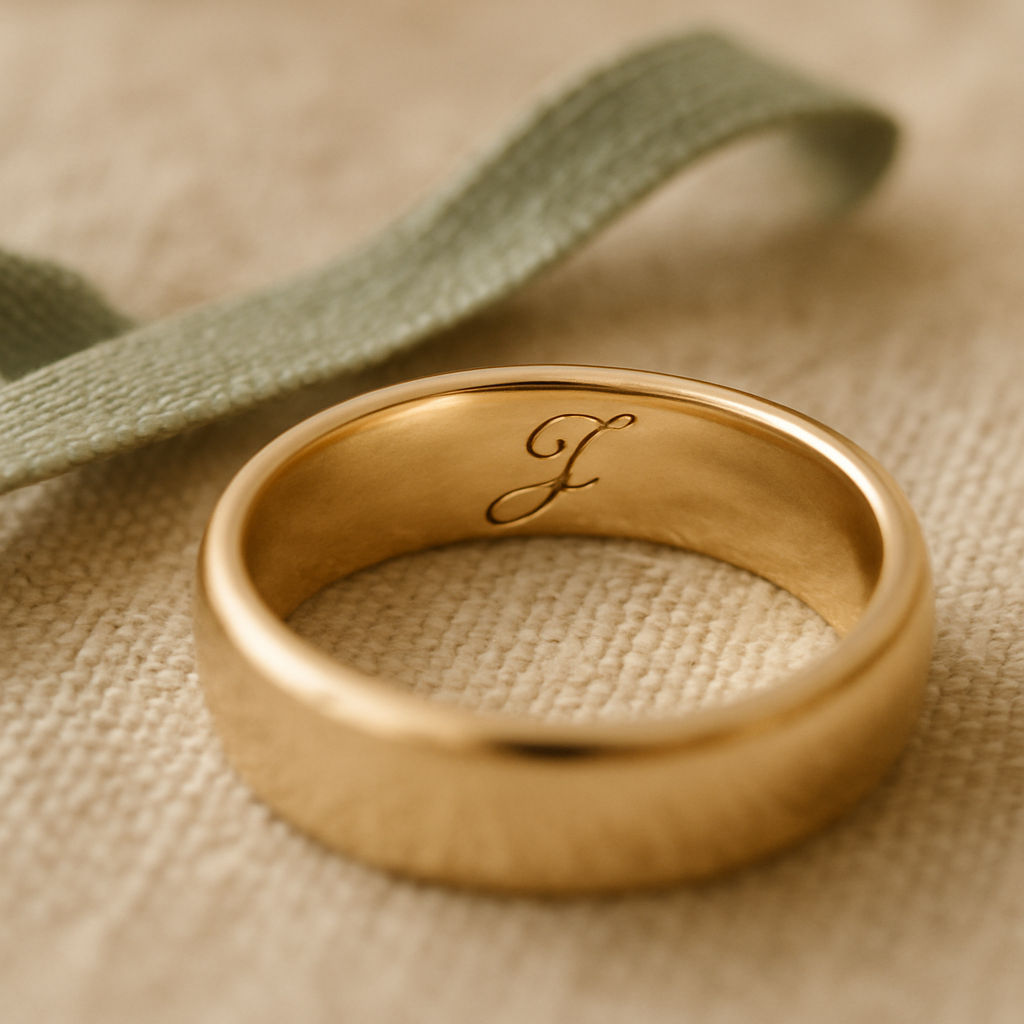 Close-up engraved ring with initials in delicate script
