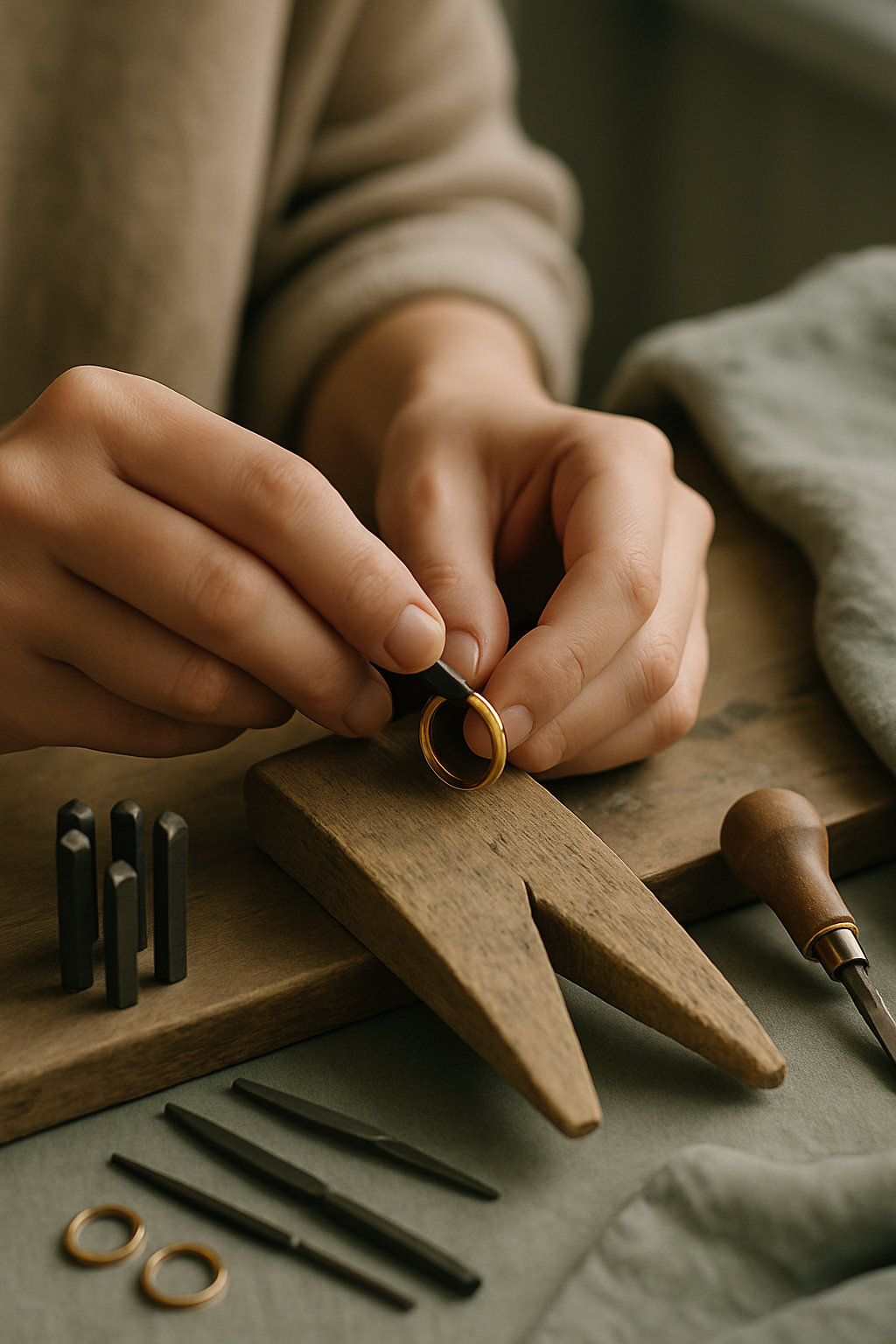 Jeweler hand-engraving a gold ring at a wooden bench with artisan tools
