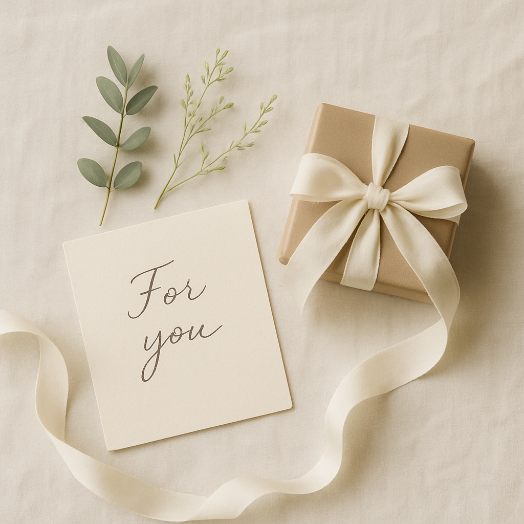 Flat-lay of handwritten gift note card beside wrapped jewelry box and botanical accents
