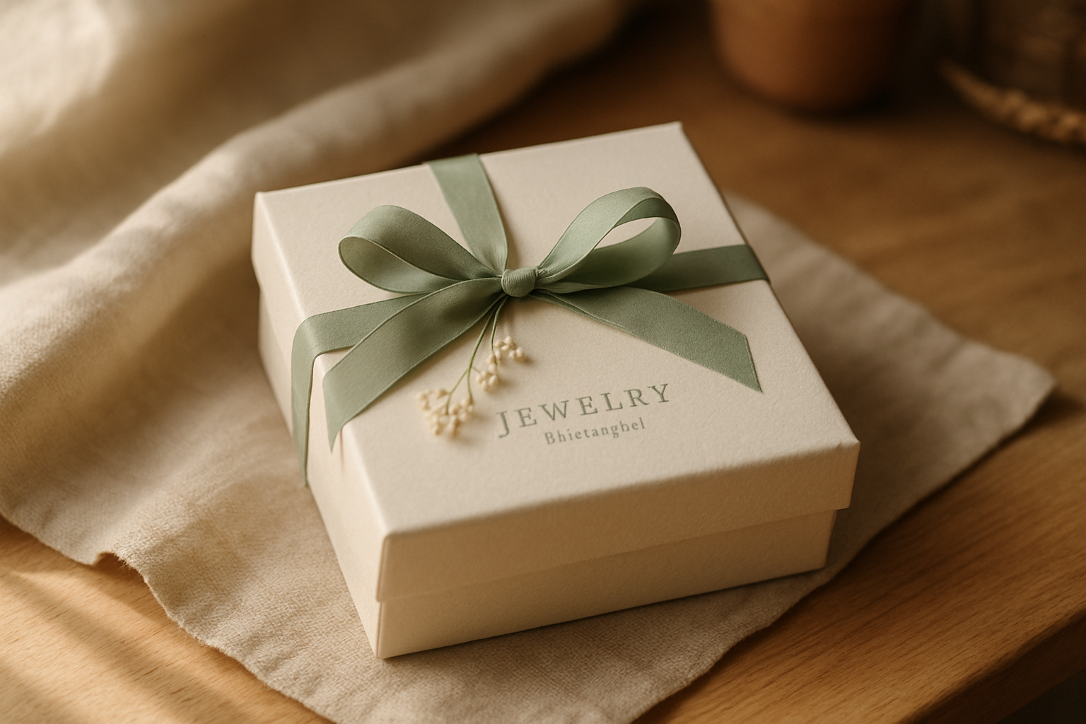 SilverLoom signature jewelry gift box wrapped with sage ribbon and dried florals