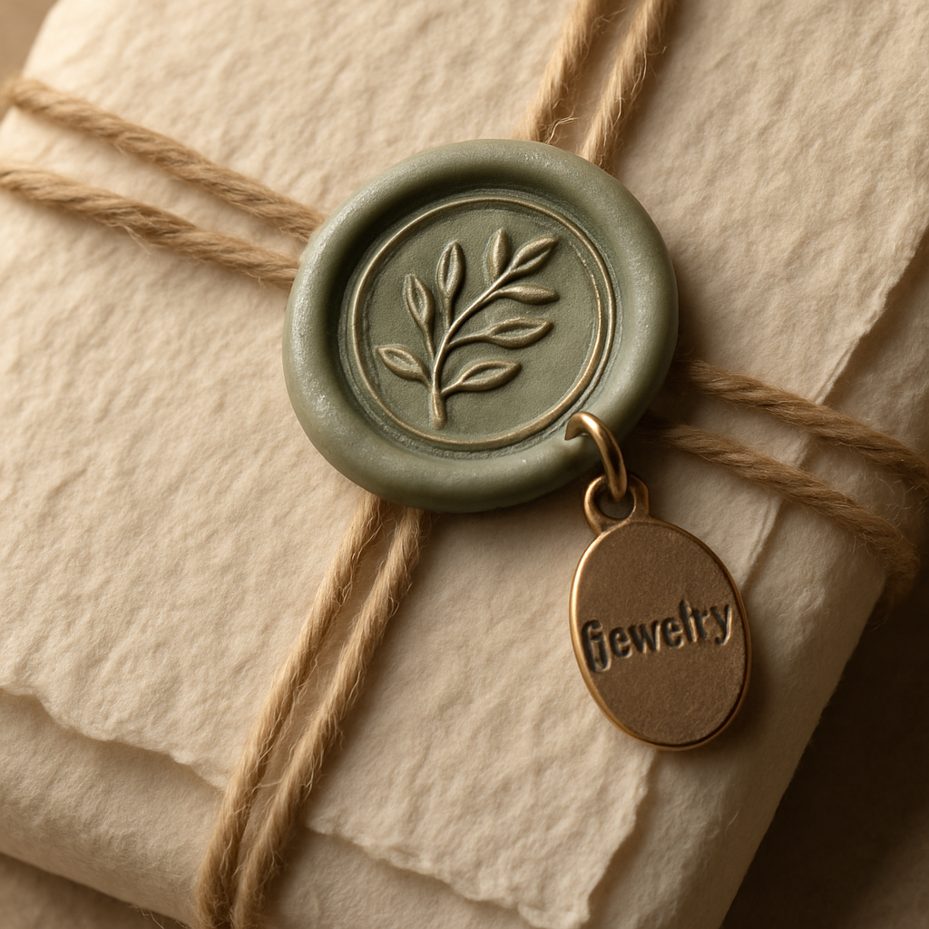 Close-up of branded wax seal, textured wrapping paper, and twine on artisan jewelry package
