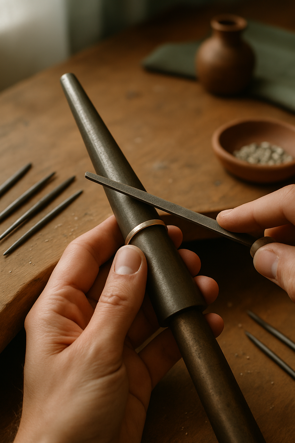 Artisan hands shaping a silver ring on a wooden workbench