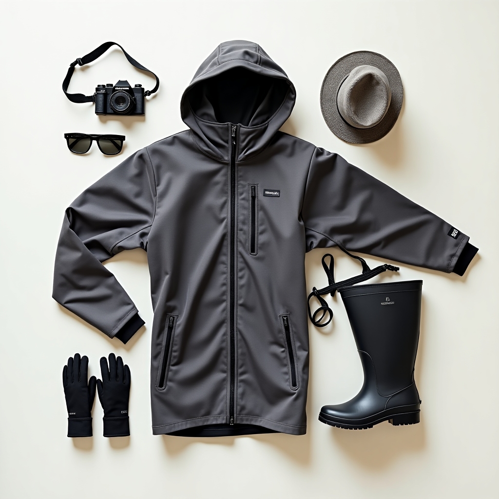 Warm arctic clothing, boots and gear laid out for packing