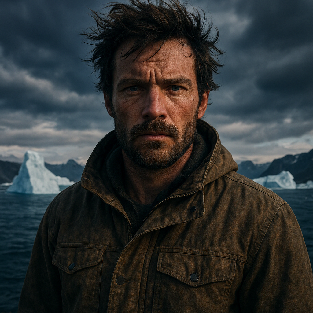 Portrait of Lucas R. with windblown hair and rugged jacket in Greenland