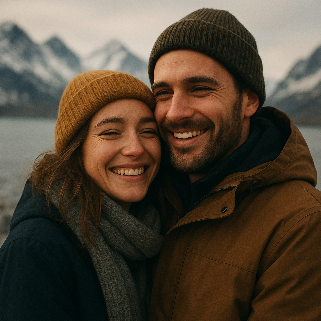 Portrait of Sofia & Max, a smiling couple wrapped in winter gear with mountains behind