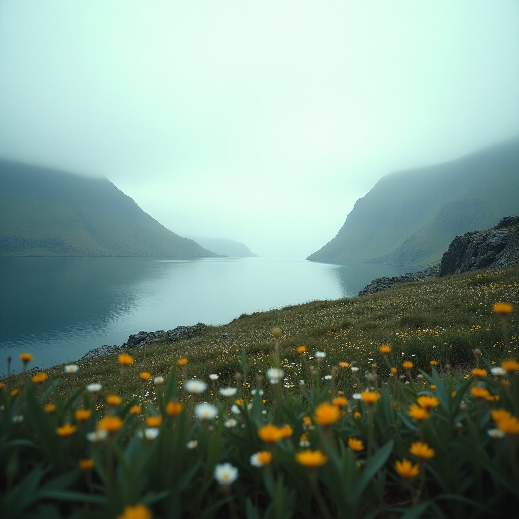 Greenlandic summer landscape of fjords and wildflowers