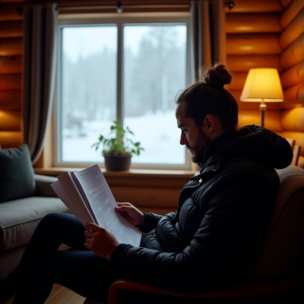 Traveler reviewing insurance documents in a cozy lodge
