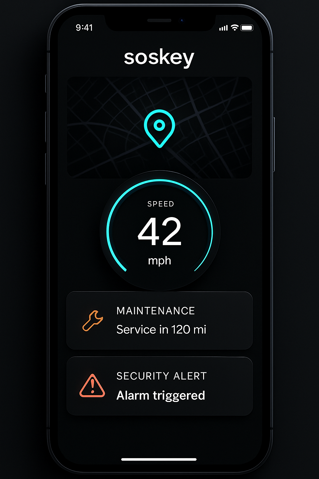 Sleek dark-themed mobile app dashboard showing a car location map, live speed gauge, maintenance reminders, and security alert cards
