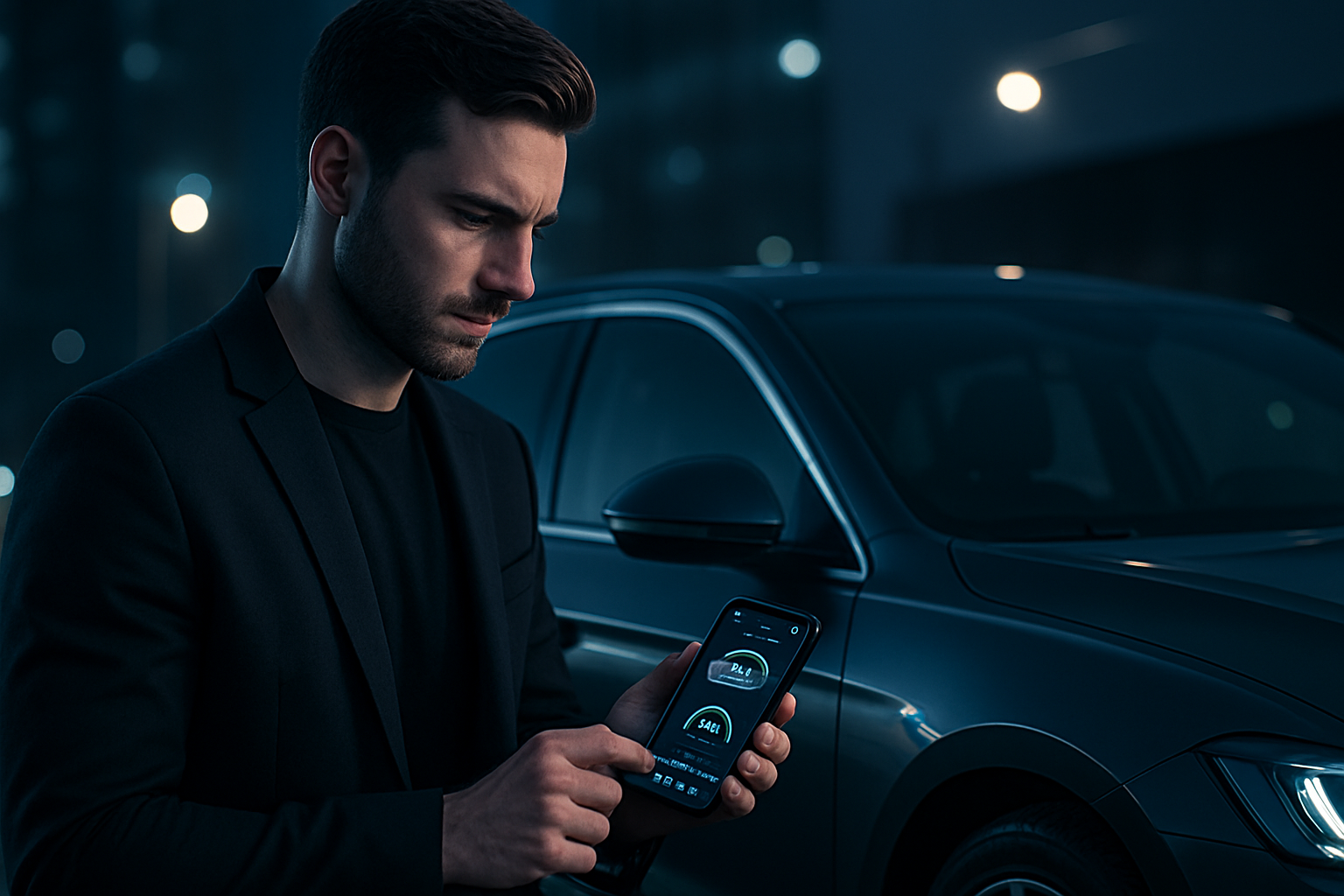 Focused man in a smart jacket holding a phone, checking a car tracking app beside a modern parked vehicle