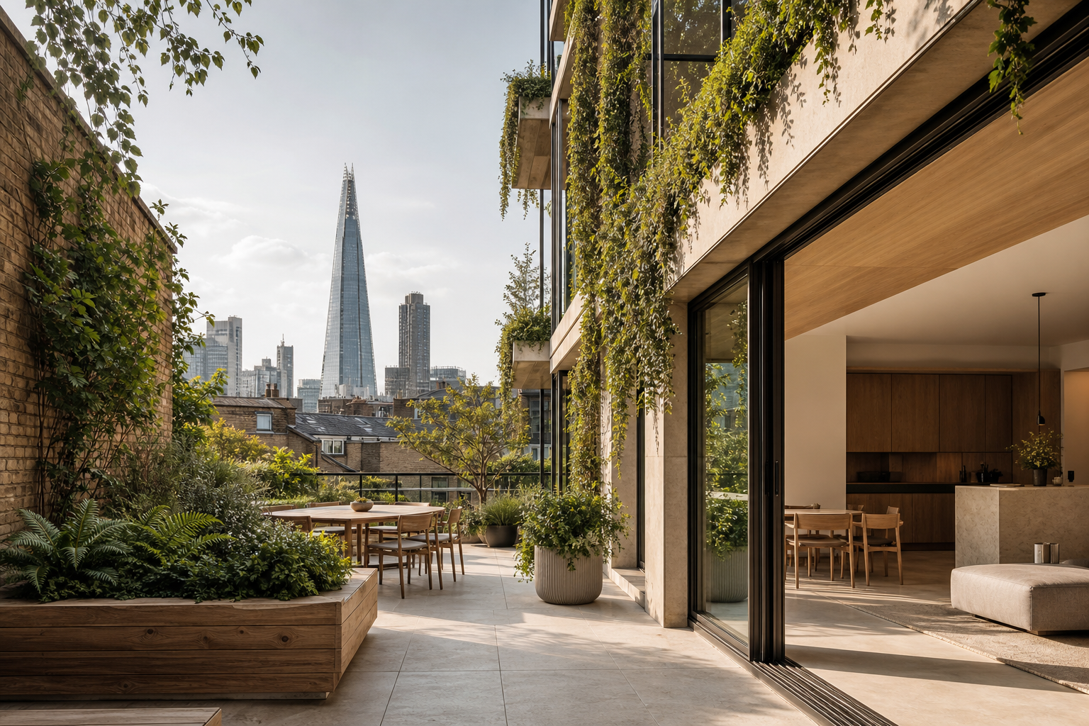 Calm contemporary London architecture with integrated greenery and warm natural materials in soft daylight