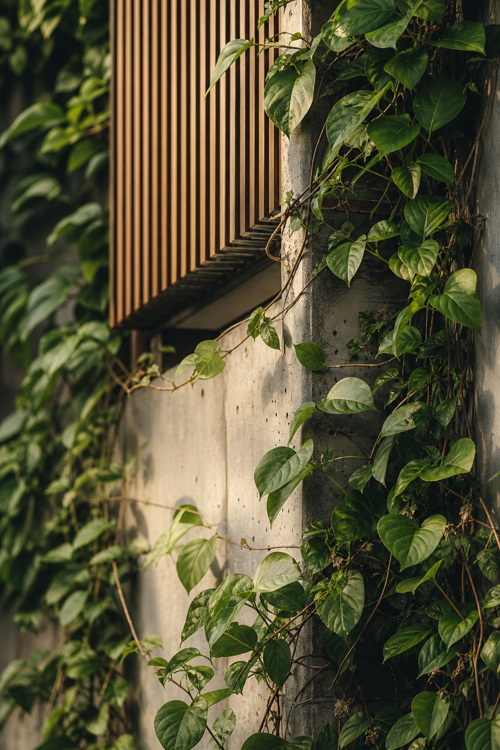 Close-up editorial photograph of climbing greenery against textured contemporary architecture in soft warm daylight