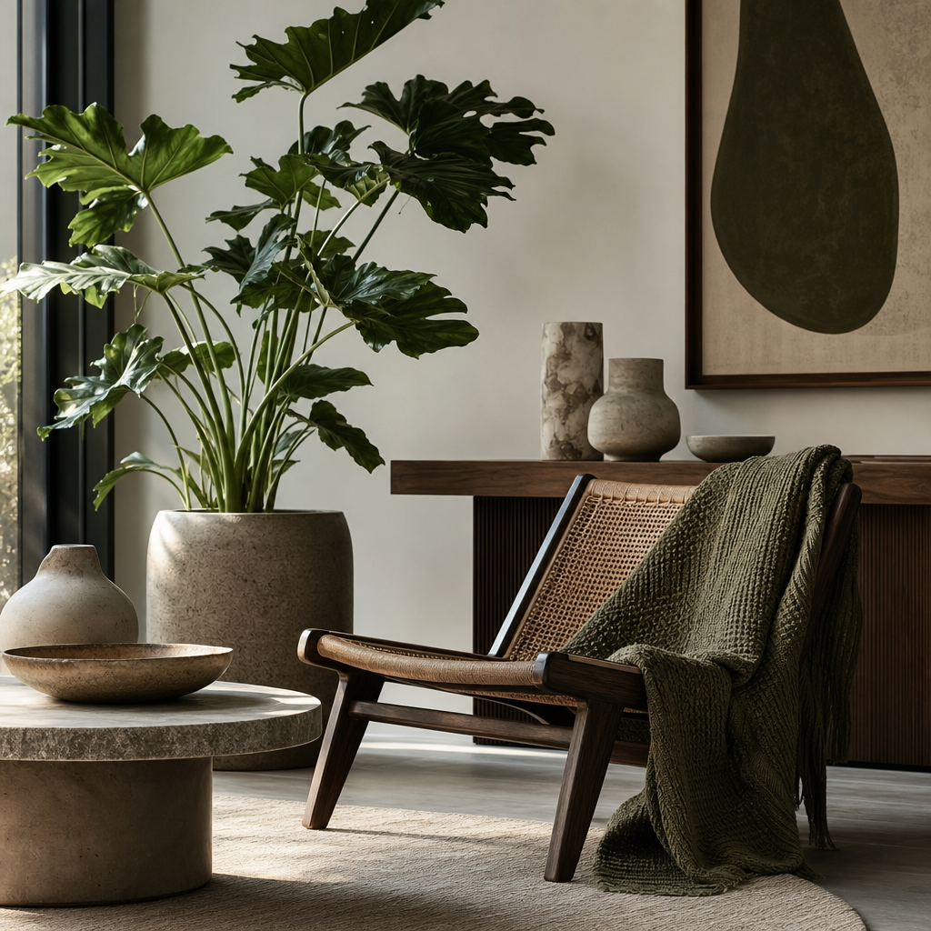Detail scene of a modern living corner with curated objects, linen textures, and indoor greenery