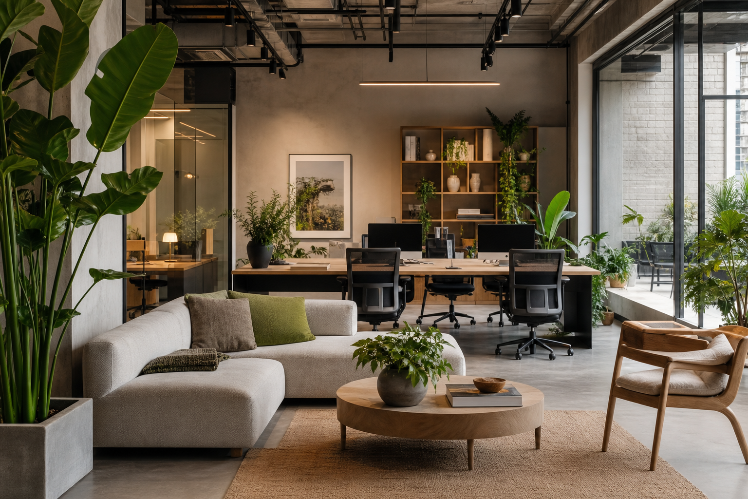 Open-plan living and working space with thoughtful zoning, neutral tones, and contemporary furniture composition