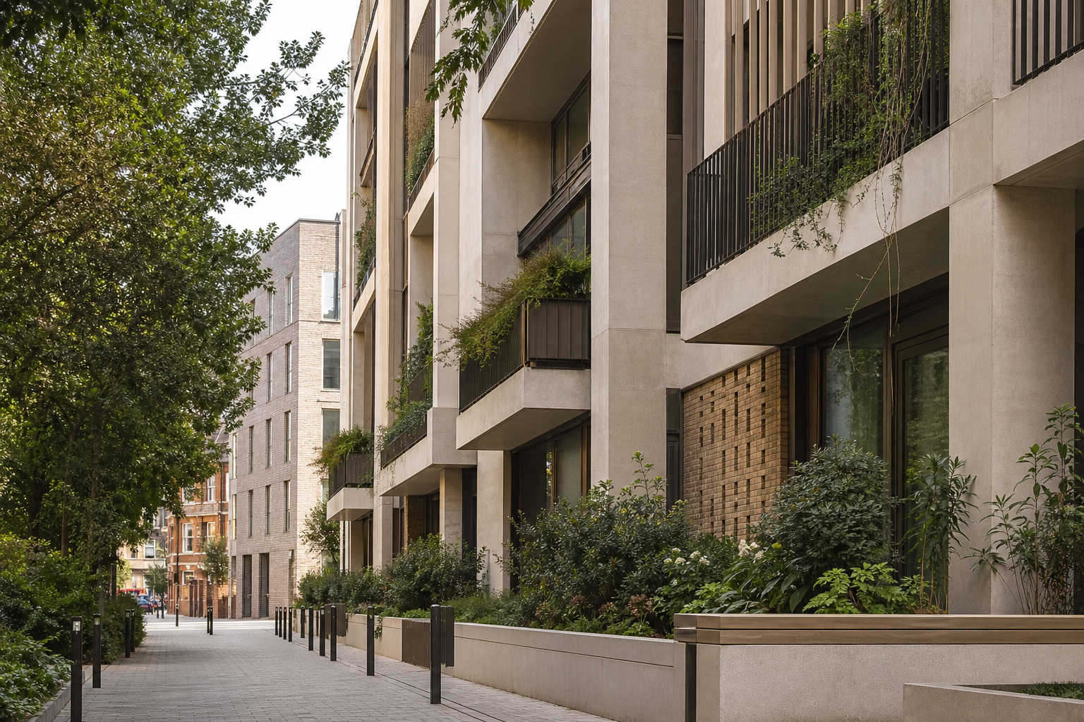 Street-level view of contemporary London residential architecture with clean lines, warm concrete textures, and integrated greenery