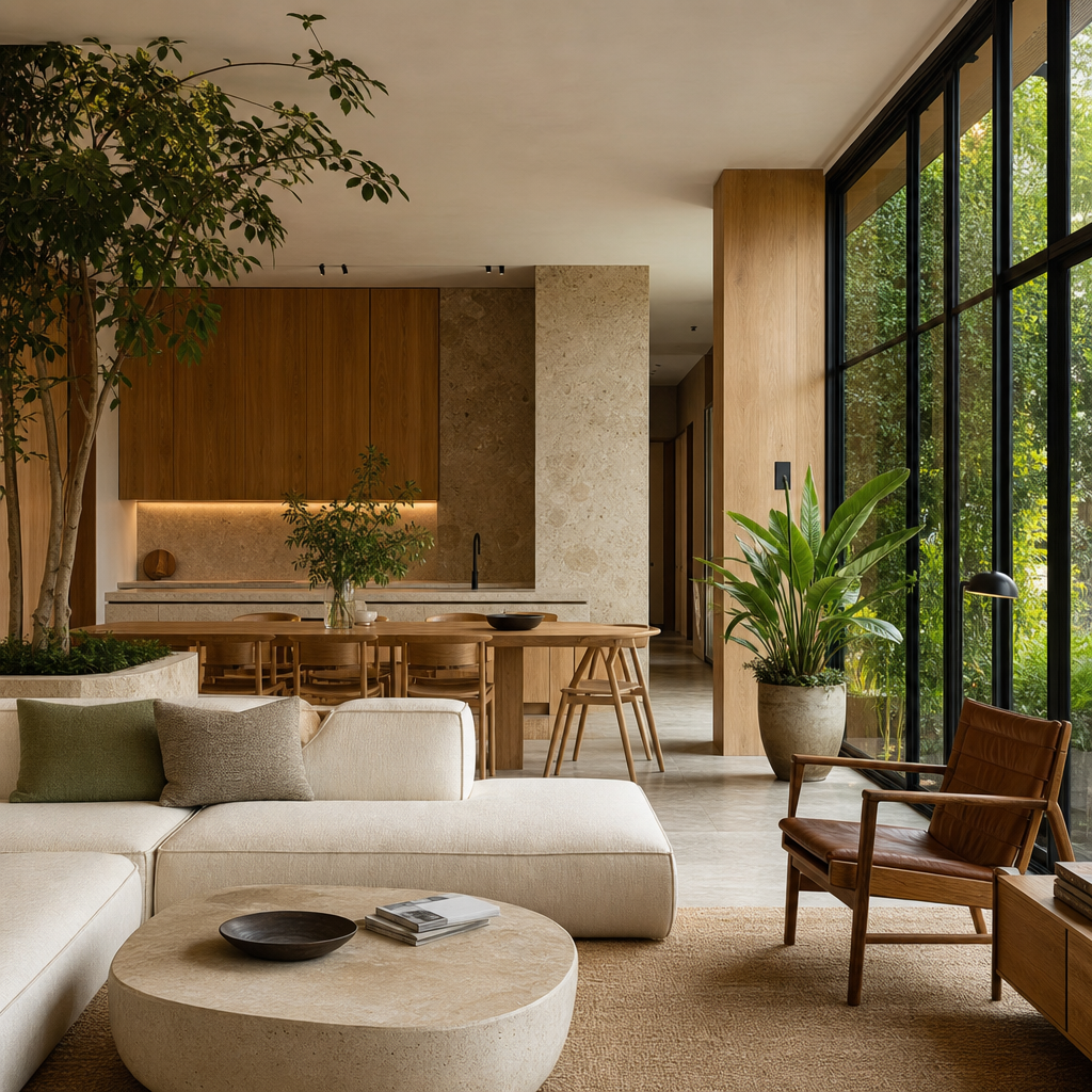 Warm-toned contemporary interior with timber textures, large windows, and integrated greenery