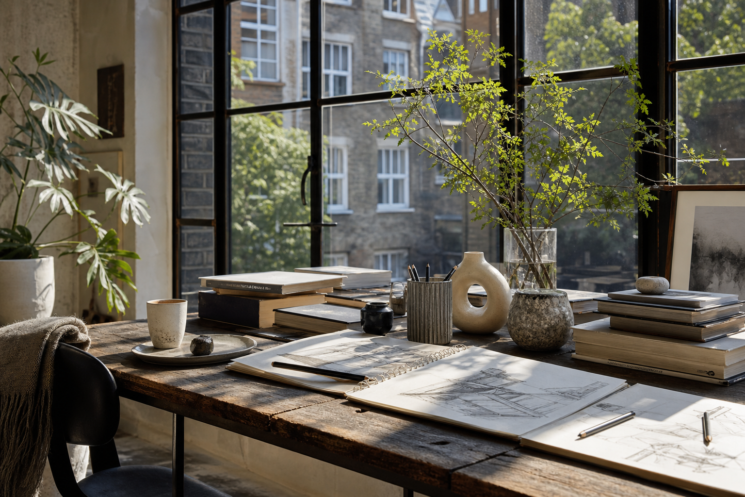 Editorial-style London loft scene showing creative table setup, botanical accents, and contemporary lifestyle objects