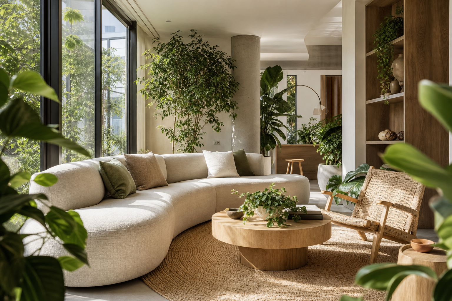 Dominant editorial photograph of a light-filled modern lounge with abundant plants and soft natural materials