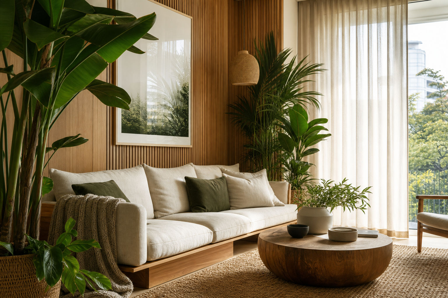 Calm modern interior with timber finishes, soft daylight, tactile textiles, and layered indoor plants