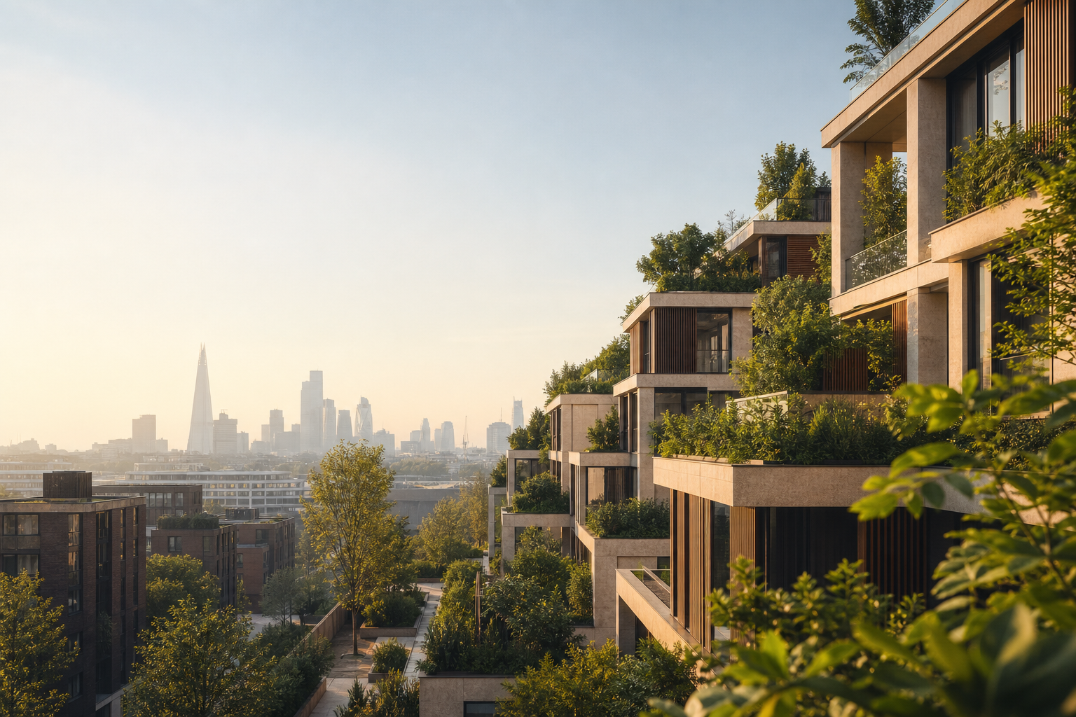 Realistic wide-angle scene of contemporary London architecture with integrated greenery, warm stone textures, and soft morning light