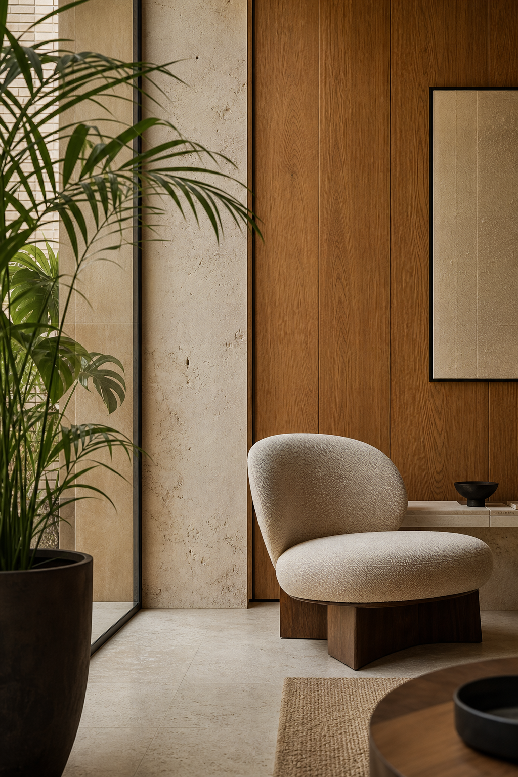 Tall editorial photograph of a contemporary London interior detail with warm natural wood, textured stone, and indoor greenery lit by soft daylight