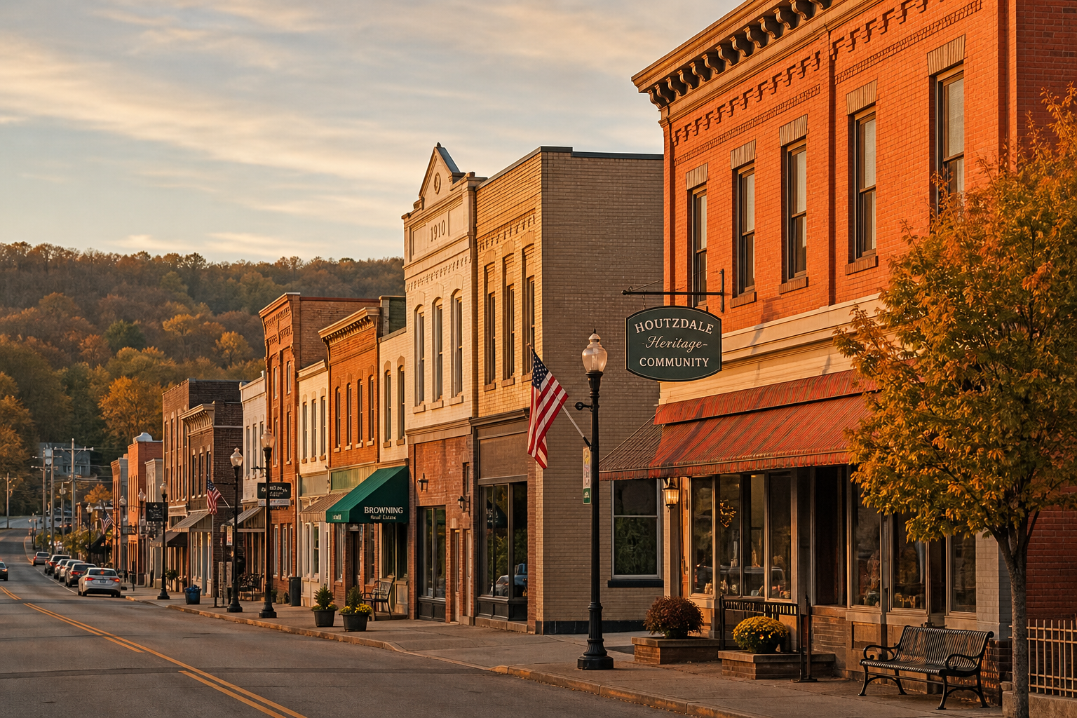 Historic brick storefronts and a small-town main street in Houtzdale, Pennsylvania with warm evening light