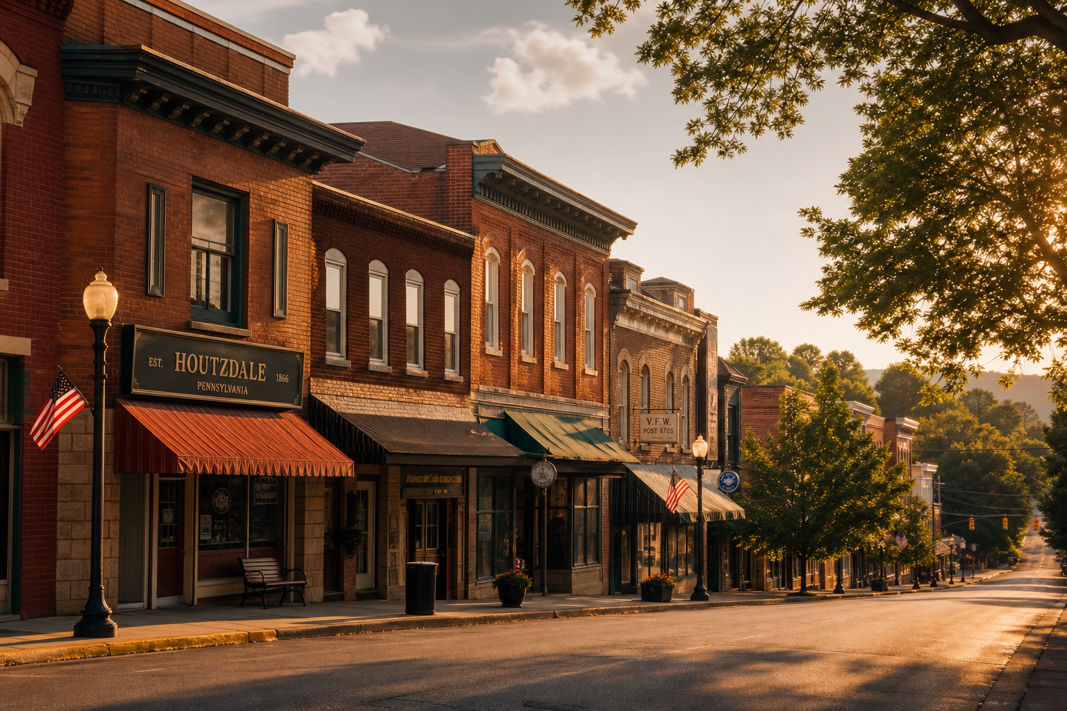 Warm-toned historic streetscape of Houtzdale with brick storefronts and a small-town main street