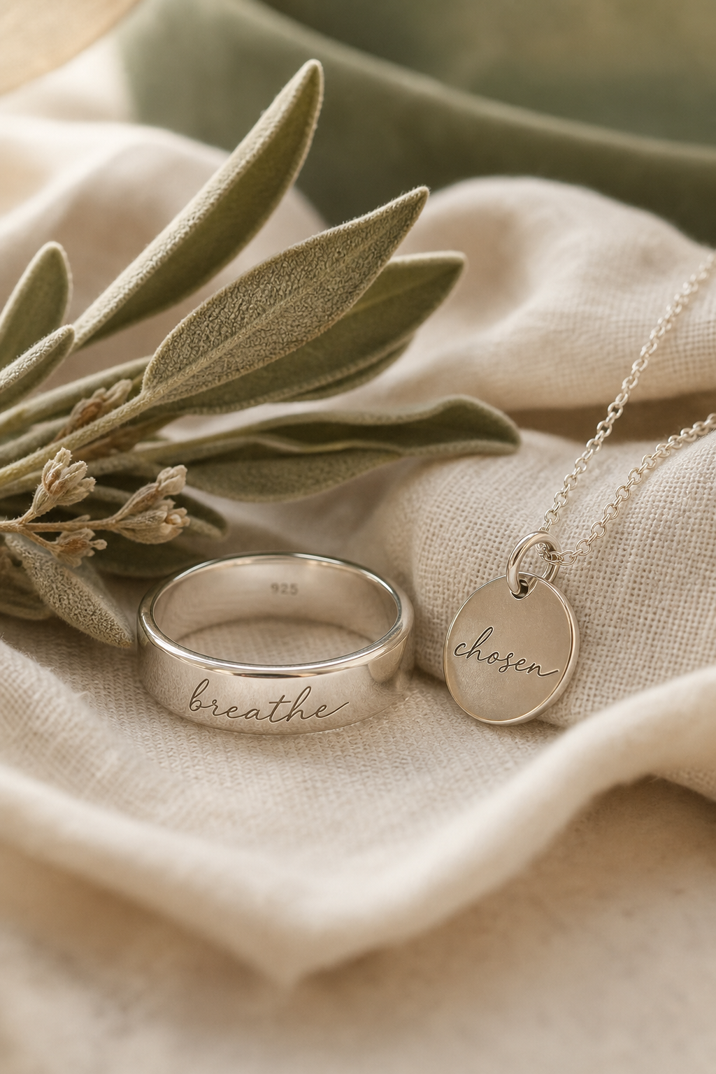 Close-up of a hand-engraved silver ring and pendant with delicate script lettering, resting on natural linen with sage green accents