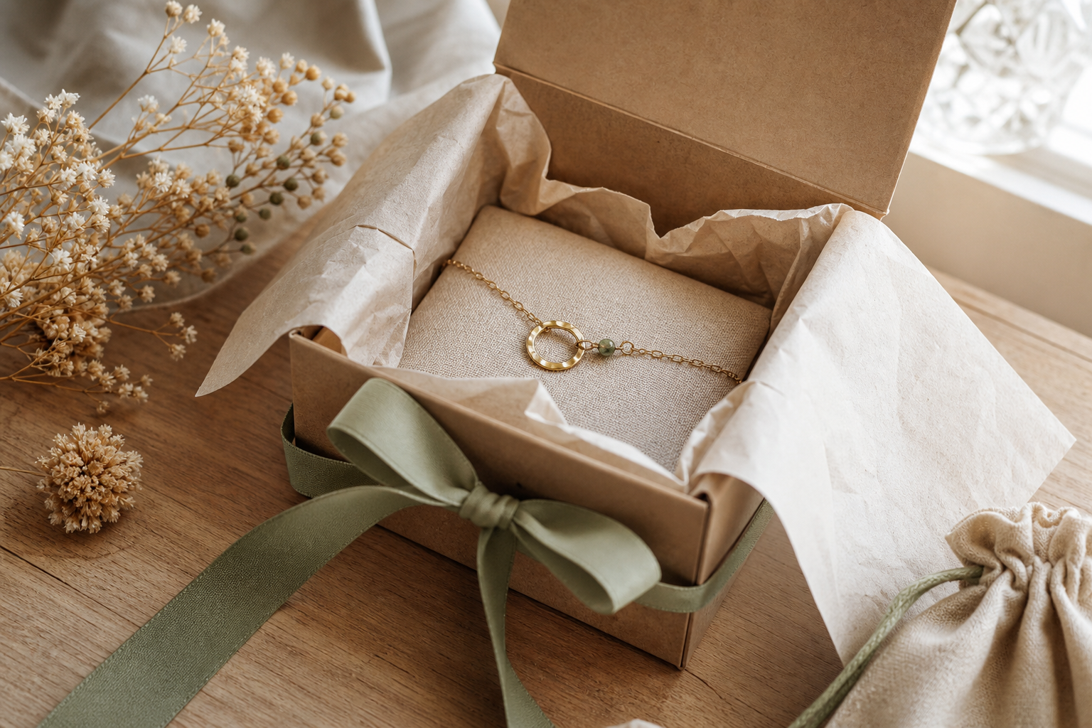 Open kraft gift box lined with tissue paper, cradling handmade jewelry with a sage green ribbon