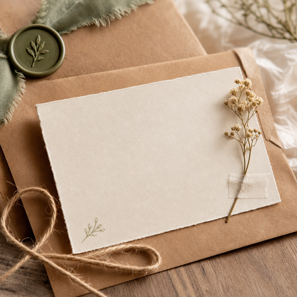 Handwritten gift note card with a pressed flower resting on kraft paper