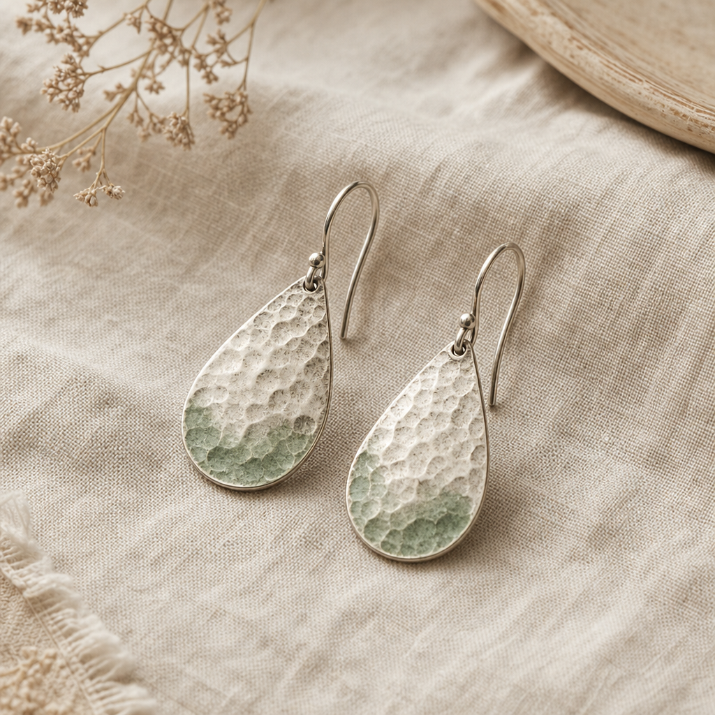 Pair of hammered sage-toned silver drop earrings resting on natural linen fabric