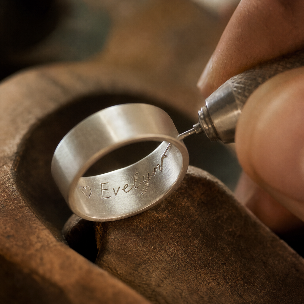 Close-up of a jeweler's hand engraving a name inside a silver ring band