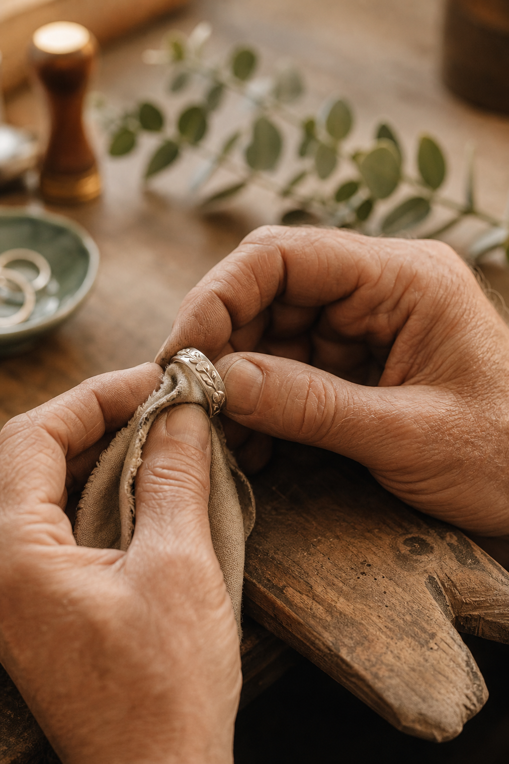 Silversmith's hands polishing a handmade silver ring on a warm-lit wooden workbench