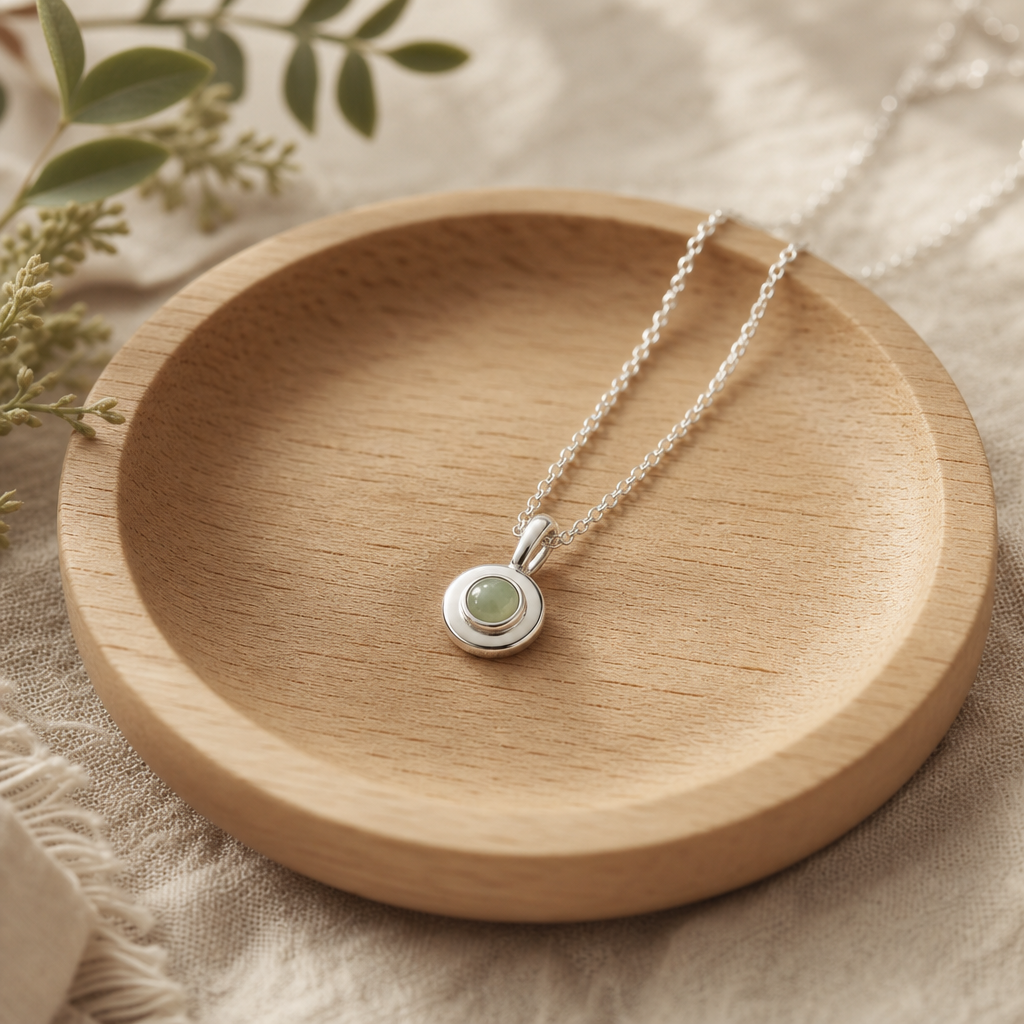 Delicate silver pendant necklace with a small polished stone on a wooden jewelry dish