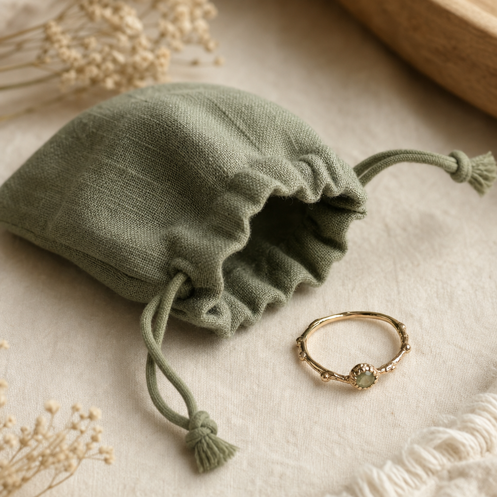 Soft sage muslin drawstring pouch with a delicate ring resting beside it