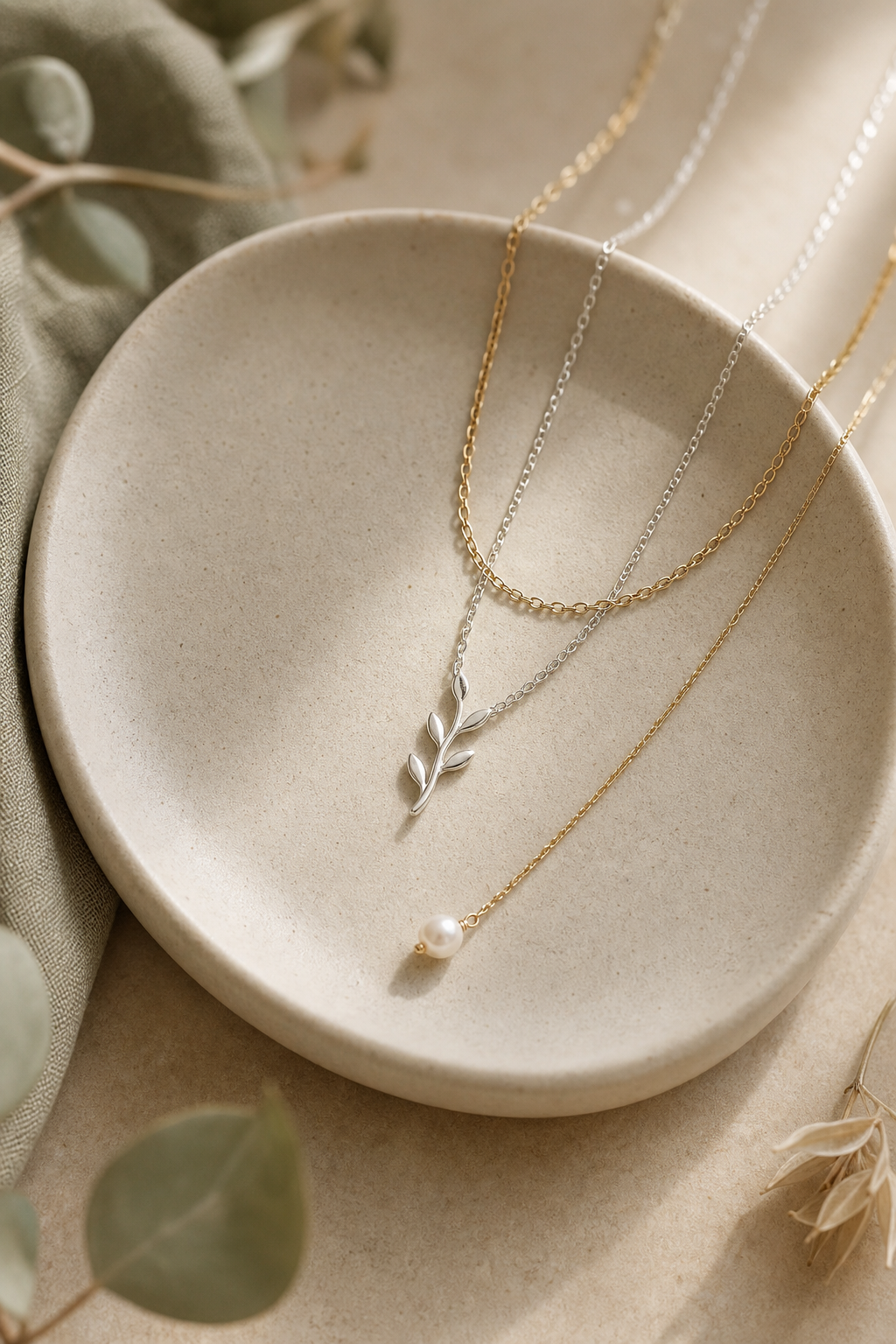 Layered delicate necklaces with small pendants draped over a ceramic dish