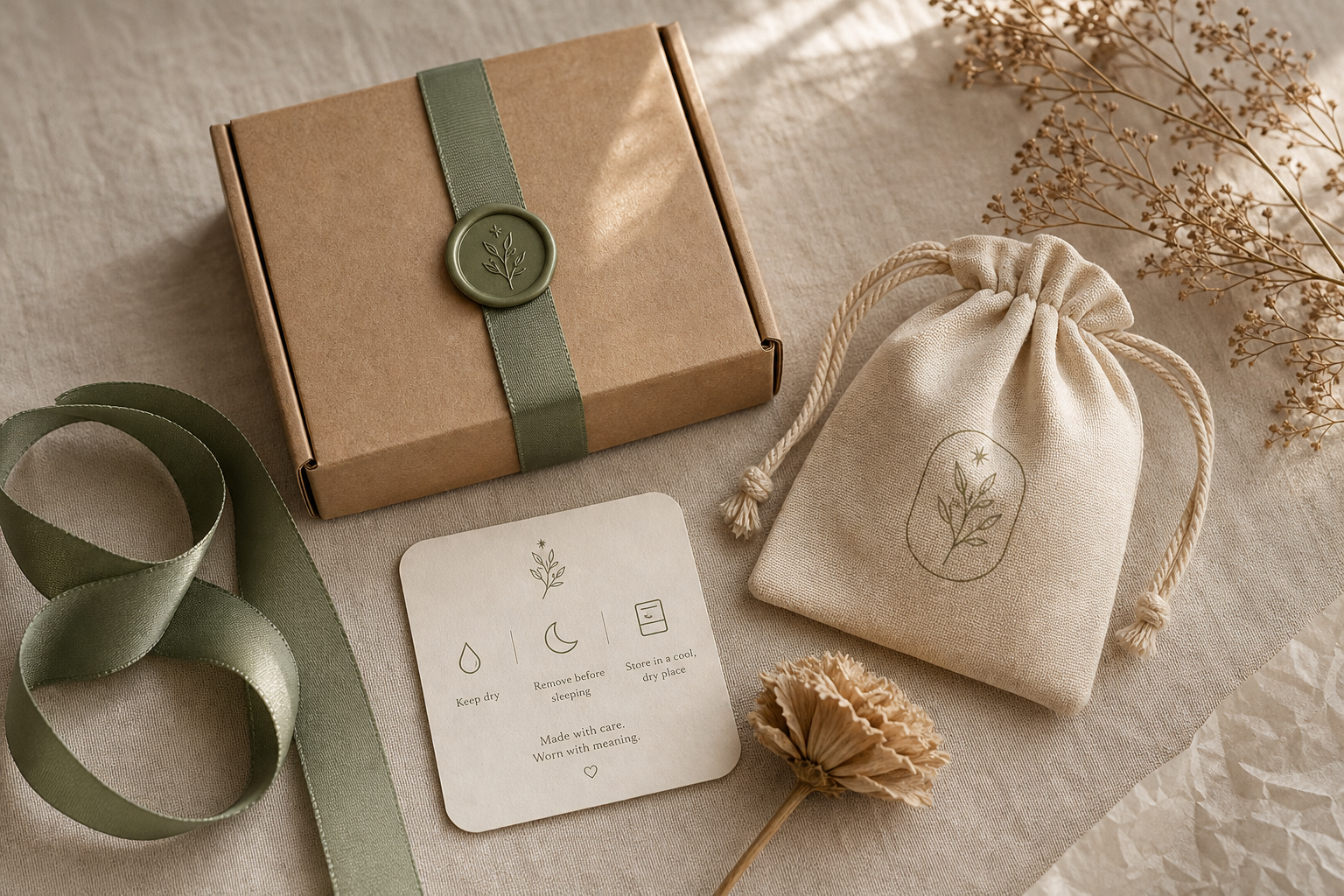 Flatlay of the full packaging suite including kraft box, muslin pouch, ribbon and care card on linen