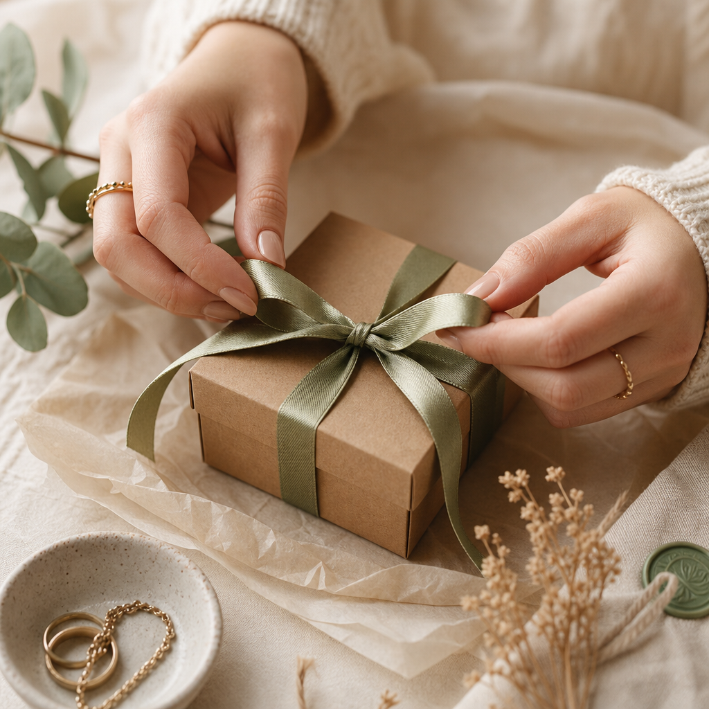 Close-up of hands tying a sage green ribbon bow around a small kraft jewelry box