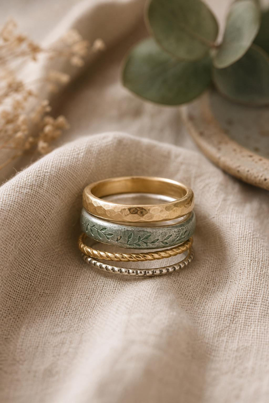 Stack of handcrafted mixed-metal rings on soft linen fabric