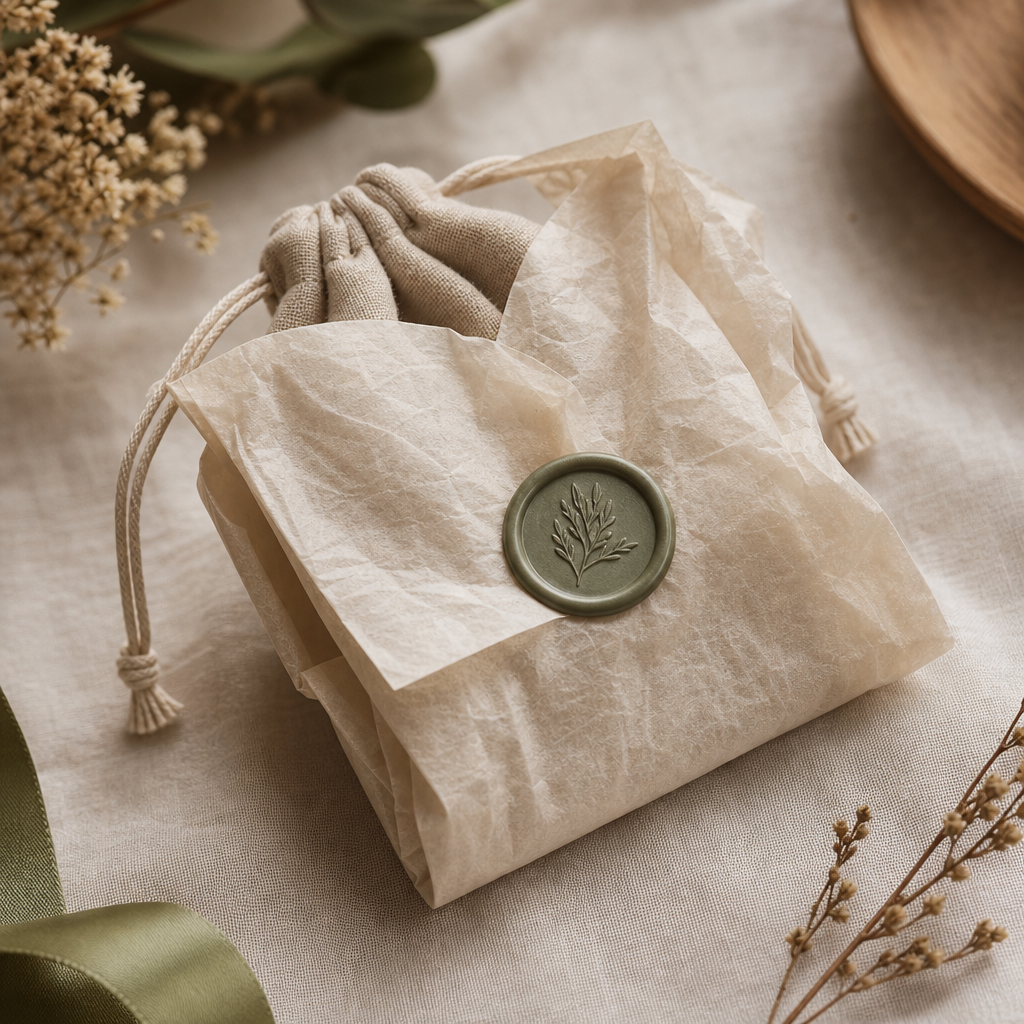 Close-up of a jewelry pouch wrapped in unbleached tissue paper with a wax seal