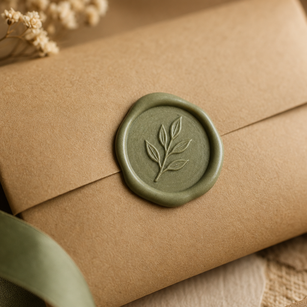 Close-up of a sage green wax seal stamped with a leaf motif on kraft paper